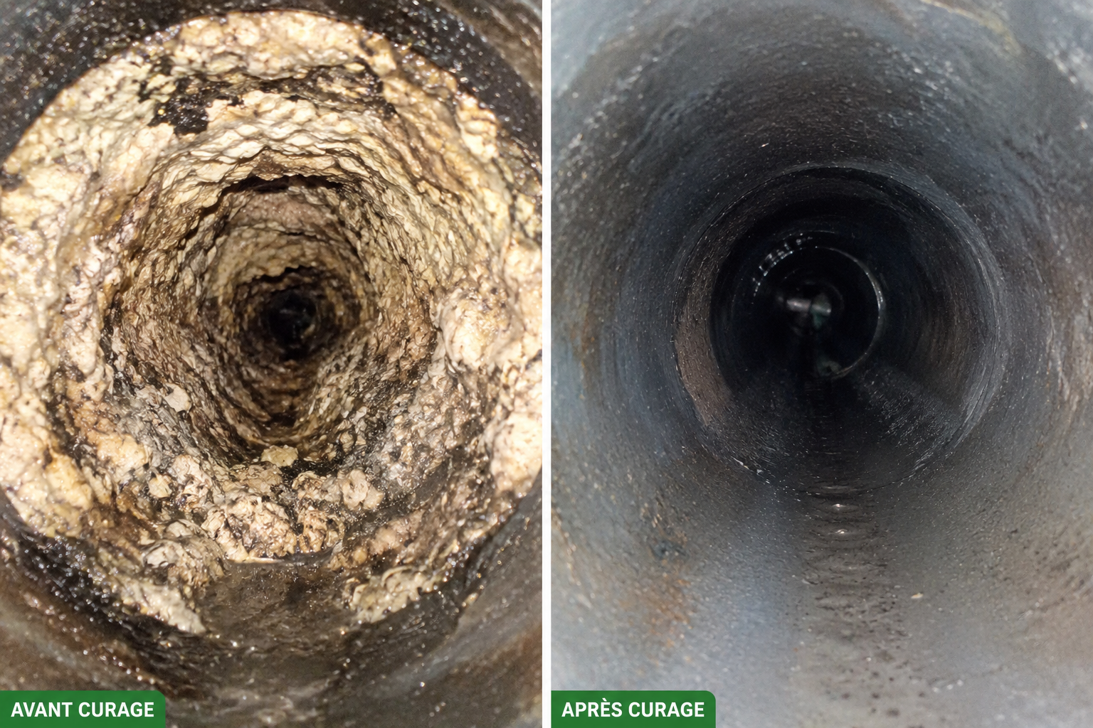 Canalisation encrassée par le calcaire avant et après curage haute pression