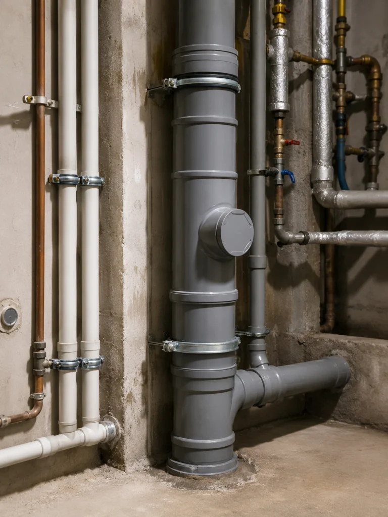 Colonne d’immeuble en PVC pour évacuation des eaux usées dans un bâtiment collectif