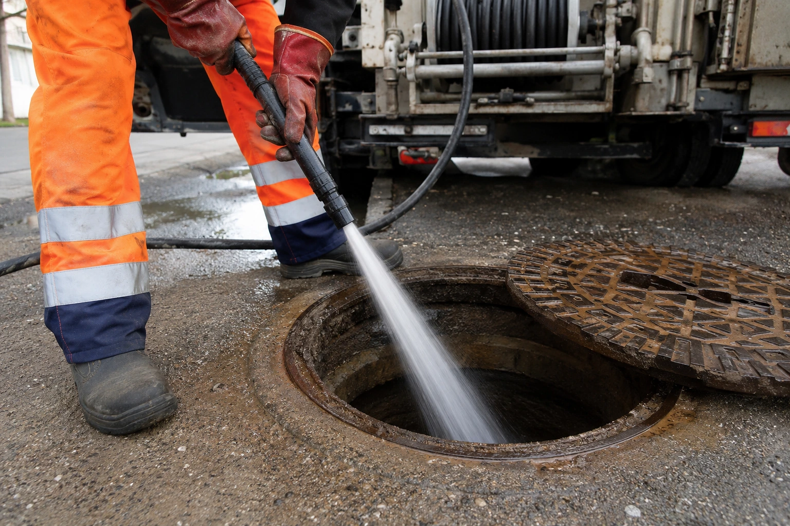 Curage canalisation haute pression avec véhicule hydrocureur pour réseaux d’eaux usées et eaux pluviales
