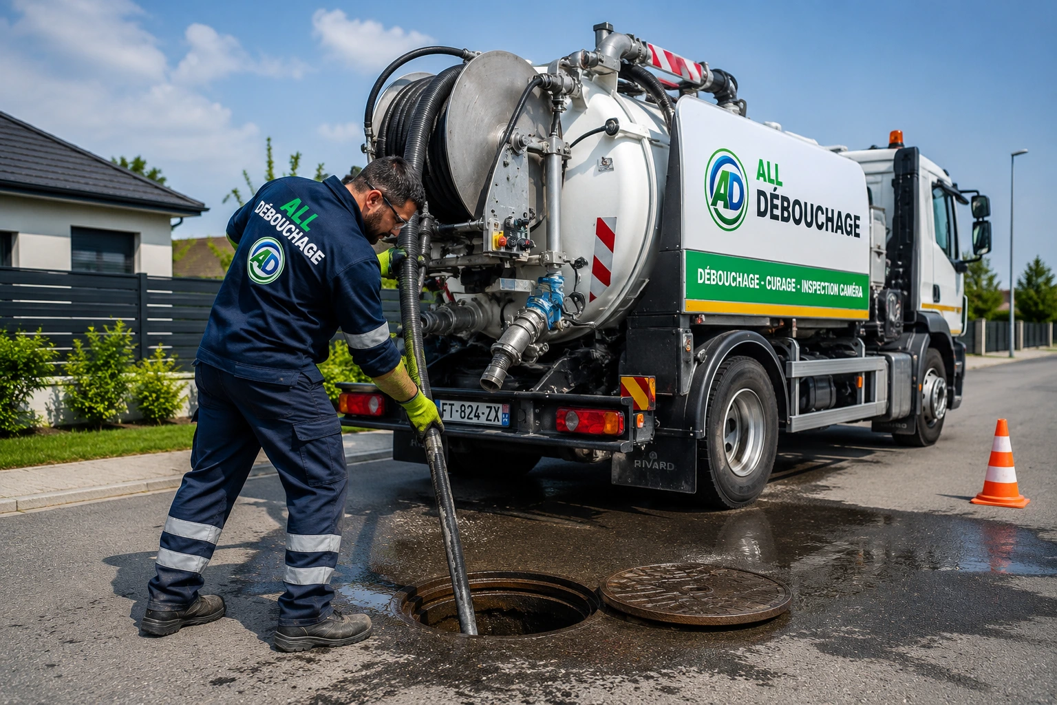 Technicien All Débouchage avec véhicule hydrocureur pour débouchage canalisation