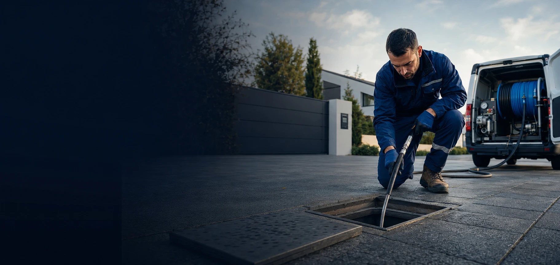Technicien réalisant un débouchage de canalisation à Meyzieu avec véhicule hydrocureur