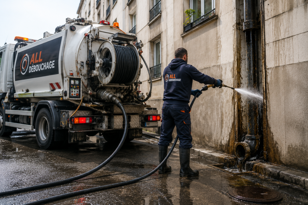 Débouchage haute pression d’une colonne d’immeuble avec véhicule hydrocureur ALL DÉBOUCHAGE
